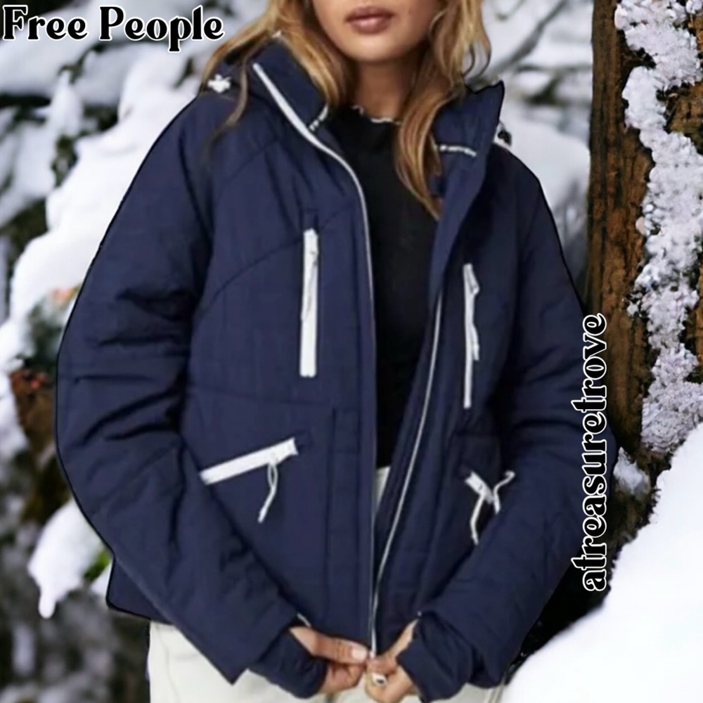 Free People Navy Blue Puffer Ski Jacket with White Zippers
